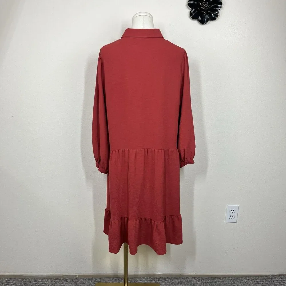 Tahari Arthur S Levine Shirt Dress Womens 14 Red Tiered Ruffle Hem - Picture 2 of 7